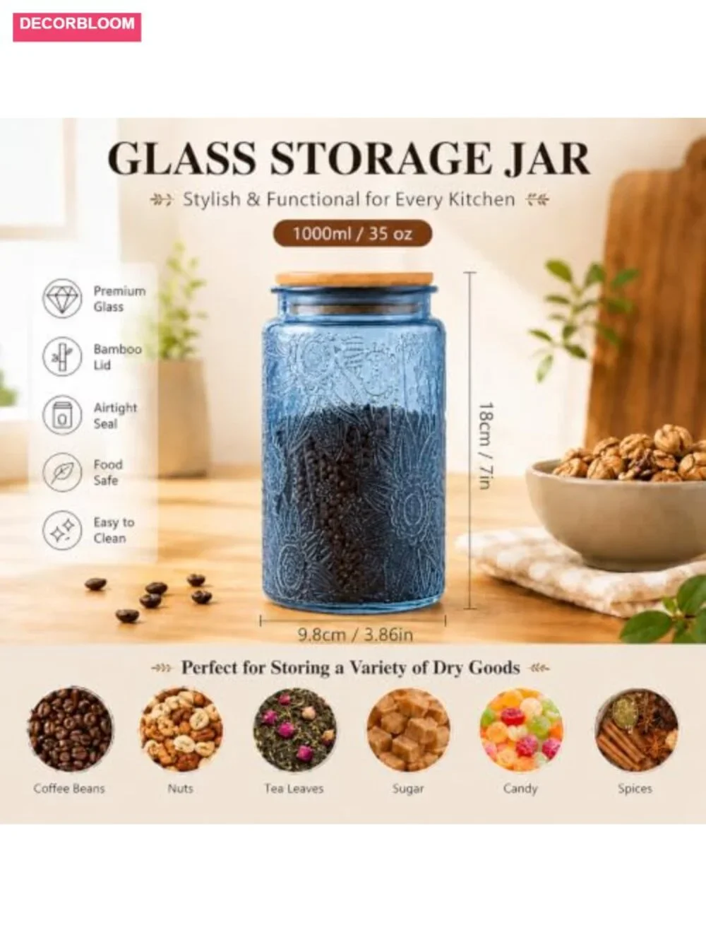 35oz Glass Storage Jar with Airtight Bamboo Lid, Food Canister for Pantry